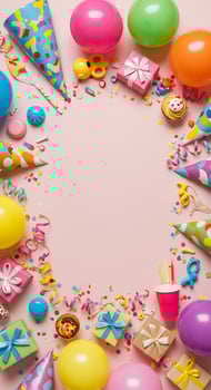 Colorful birthday party decorations on pink background photo