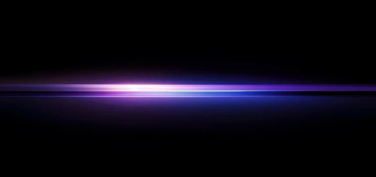 Horizontal vivid glowing light streaks illuminate the stark darkness with neon purple hues photo