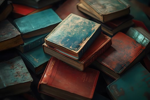 Many aged books stack together with weathered covers in hues of red and blue tones photo