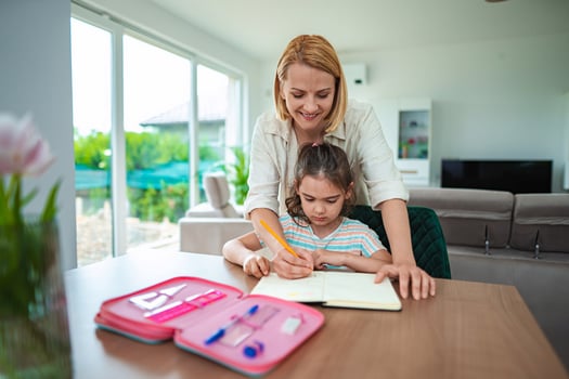 Learning moments between mother and daughter in sunlight photo