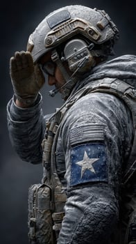 Soldier salutes with respect in cold environment, showcasing armor and detailed military insignia at night photo