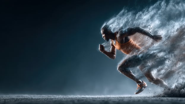 Dynamic athlete sprinting through dust clouds in a dramatic indoor setting during an intense training session photo