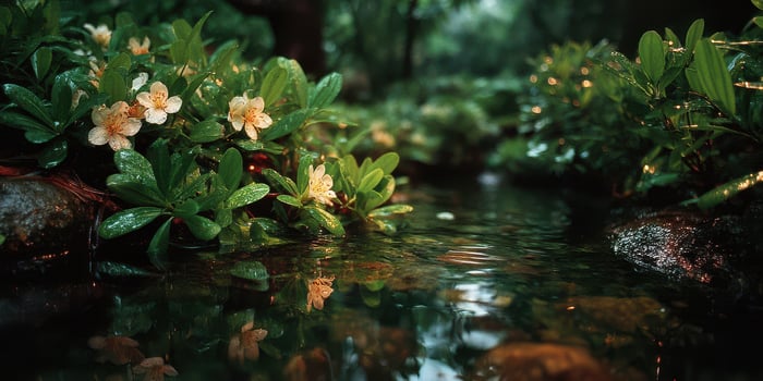 Lush garden scene with blooming flowers and a tranquil stream during a rainy afternoon photo