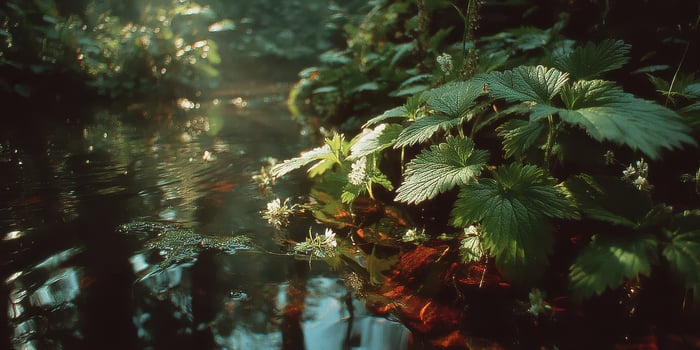 Lush green plants flourish beside a tranquil water body in a serene forest setting during early morning light photo