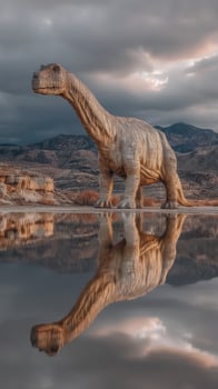 Dinosaur statue reflects in calm water under dramatic clouds in a mountainous landscape photo