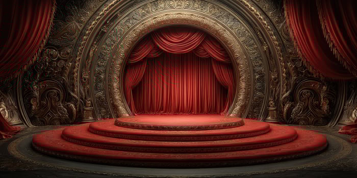 Elegant theater stage adorned with ornate decorations and rich red curtains illuminated softly in a cozy ambiance photo