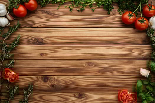 Ripe tomatoes, fresh garlic, basil, rosemary and thyme herbs are arranged on a rustic wooden surface photo