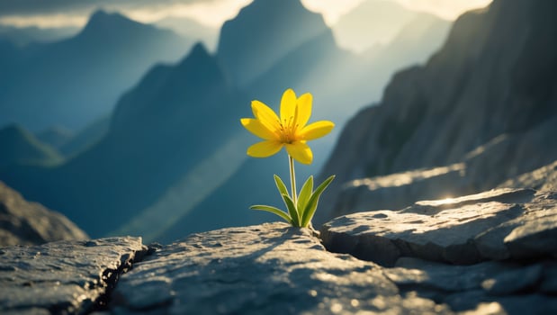 Yellow Flower Growing on Rocky Terrain with Mountain Backdrop photo