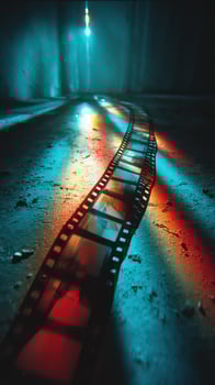 Colorful film strip glows on a textured floor with dramatic lighting in a dimly lit space photo