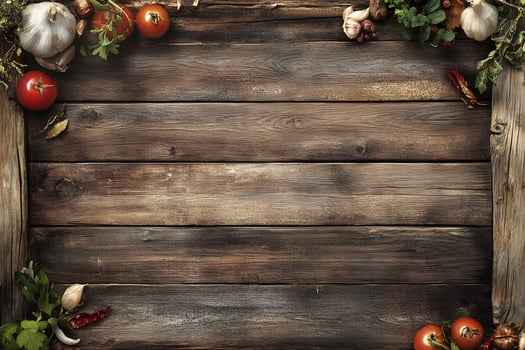 Rustic wood texture displays ripe tomatoes, fresh garlic, and herbs around the border photo