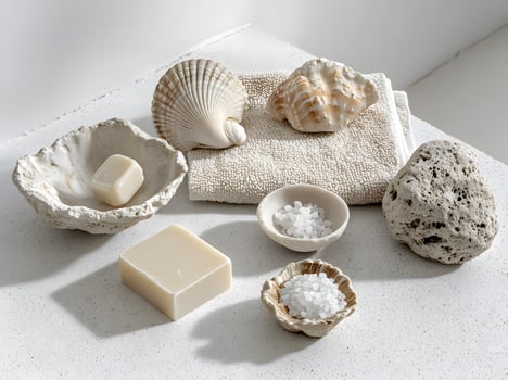 Seashells, sea salt, soap, and towel create a peaceful, sunlit, and minimalist spa aesthetic photo