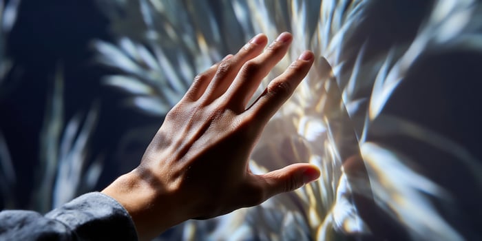 A hand reaching out to touch a plant photo