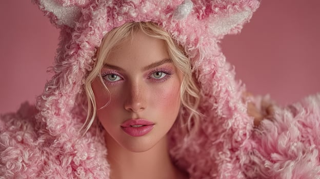 Fashion model poses in a vibrant pink fluffy outfit against a soft pink background, showcasing a playful and whimsical style photo