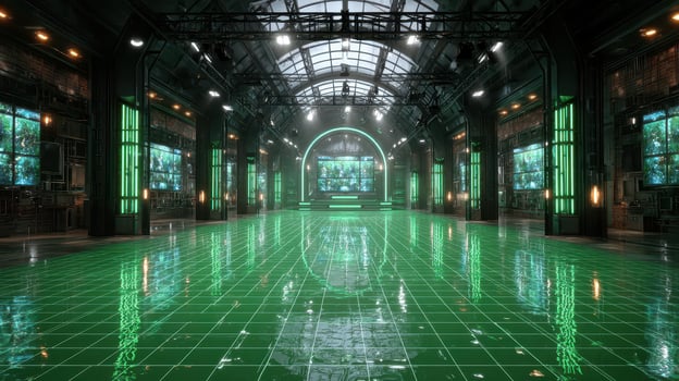 Modern event space featuring green lighting and high-tech design with a reflective floor photo