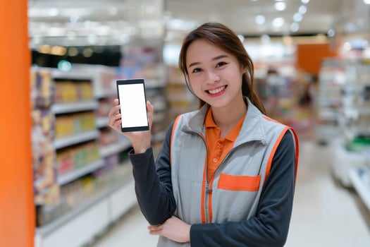 Asian woman holding up a blank white phone in a supermarket photo