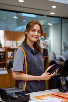 A woman holding a tablet in a store photo