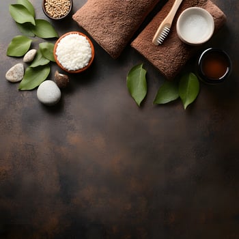 Still life displays brown towels with spa stones and green leaves on dark backdrop photo