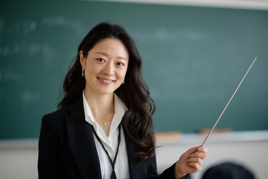 Smiling teacher in front of chalkboard, pointing photo