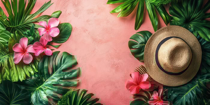 Vibrant tropical leaves and flowers with a straw hat on a pink background in a summer setting photo