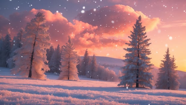 Snowy Winter Landscape with Pine Trees and Colorful Sunset Sky photo