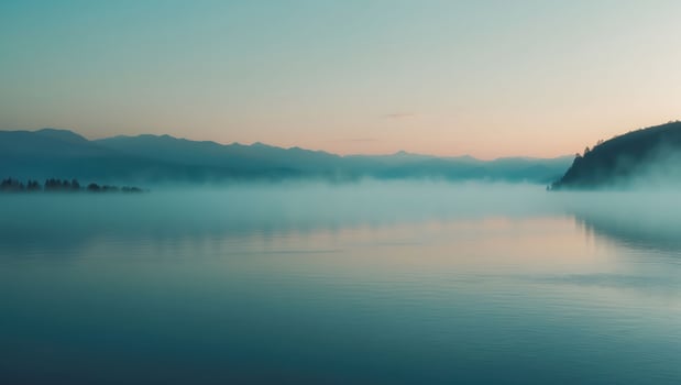 Misty Lake Scene at Sunrise with Mountains and Tranquil Water photo
