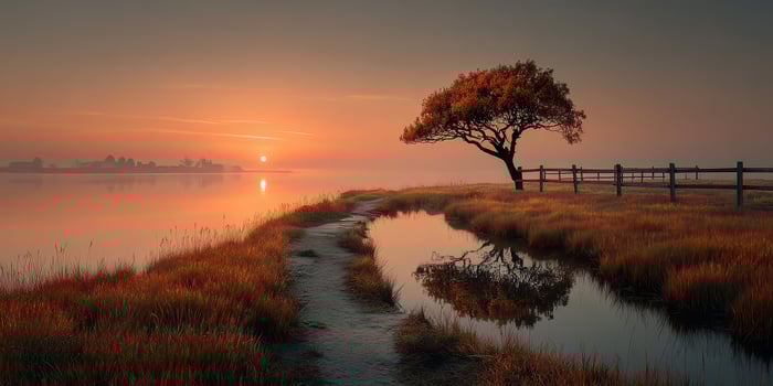 Sunrise over tranquil waters with lone tree near path in quiet landscape photo