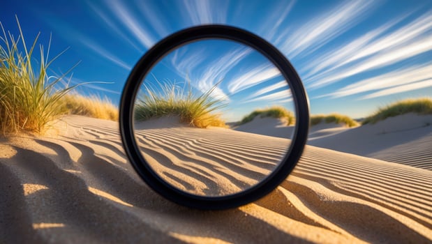 Viewing Sandy Dunes Through a Round Filter with Striking Sky photo
