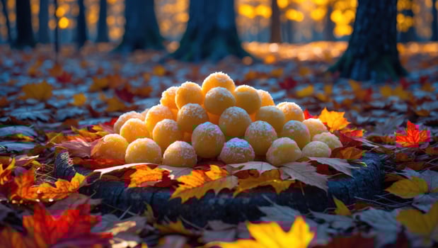Golden Potato Ball Pile on Stump Surrounded by Autumn Leaves photo