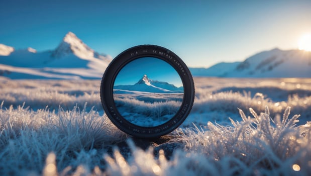Mountain Peak Through Lens Displayed in Snowy Frost Covered Landscape photo