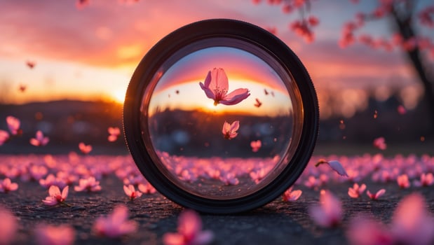 Camera Lens Capturing Pink Blossoms and Sunset Scenery with Artistic Focus photo