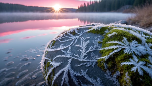 Frosty Rock by Lake at Sunrise Morning Scenery Nature Landscape photo