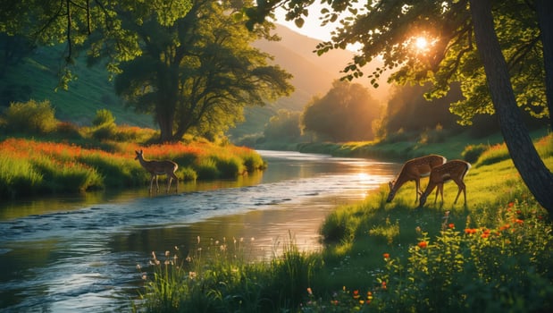 Deer Grazing by River at Sunset in a Peaceful Green Landscape photo