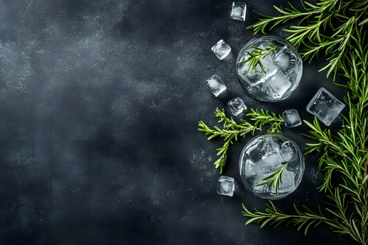 Two glasses of ice water alongside rosemary sprigs sit on a textured dark background photo