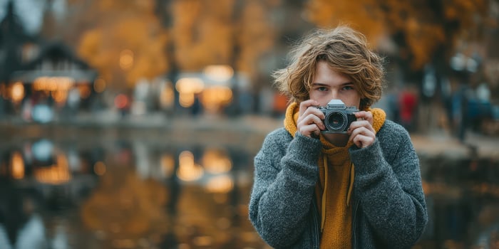 Young photographer capturing moments by a serene lake during autumn in a bustling park filled with vibrant colors and cheerful atmosphere photo
