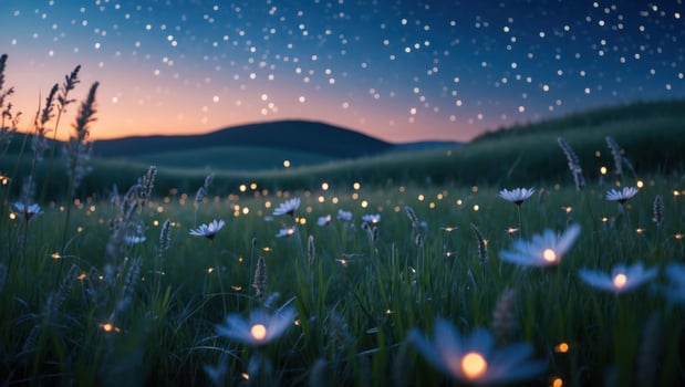 Field with Flowers and Fireflies at Night Under Starry Sky photo