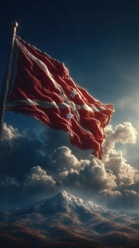 Majestic flag waving proudly over mountains and clouds in a dramatic sunset landscape photo