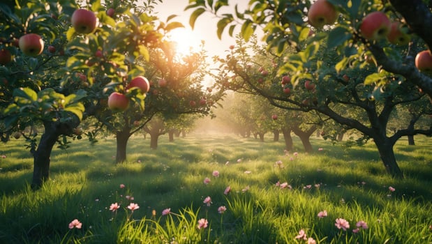 Apple Orchard at Sunrise with Wildflowers in the Grassy Meadow photo