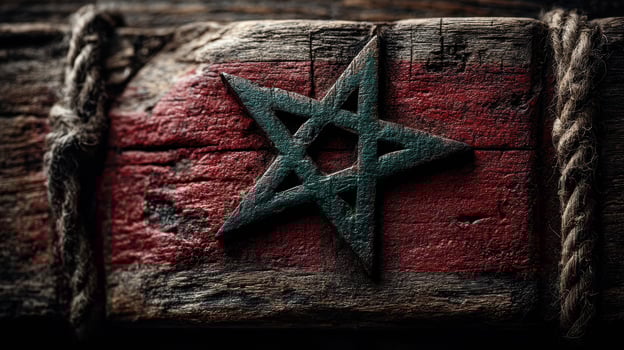 Wooden surface with distressed paint featuring a star symbol representing Morocco photo