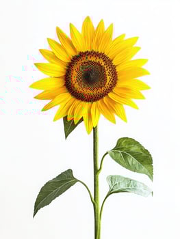 A tall sunflower stands against a plain background, displaying its striking yellow petals and dark center. Lush green leaves extend from the stem, enhancing its vibrant appearance. photo
