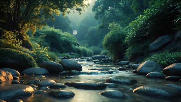 Flowing River Through a Lush Green Forest Landscape with Rocks photo