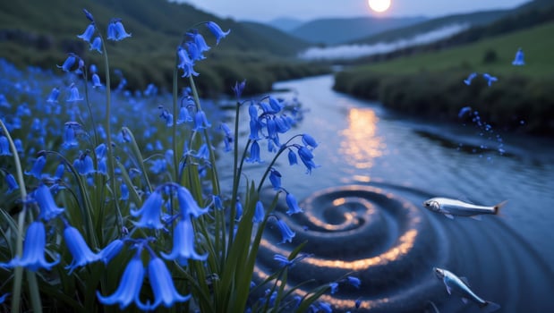 Bluebells Bloom Near River with Fish Jumping and Sunset Glow photo