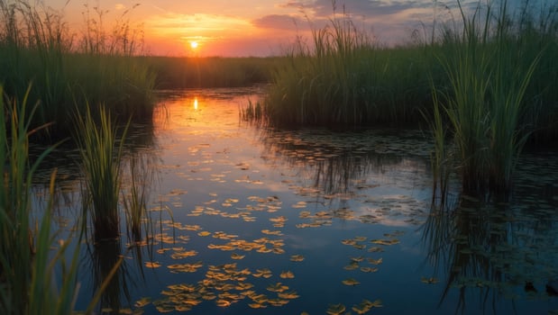 Sunset Over Calm Pond with Tall Grass and Floating Lily Pads photo