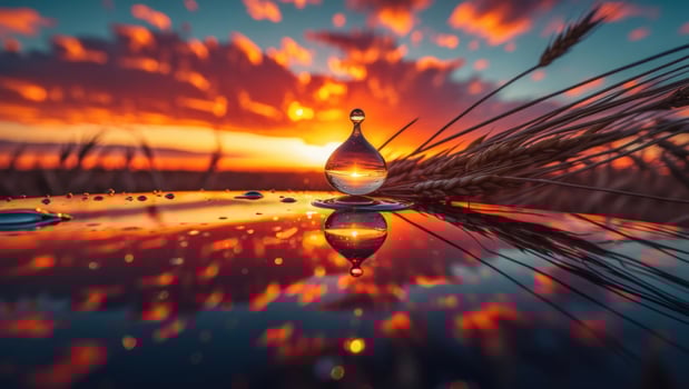 Water Drop Reflecting Sunset Sky and Wheat Stalks on Surface photo