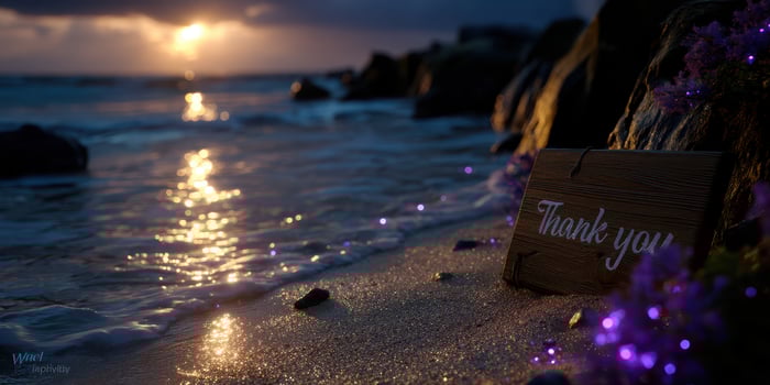 Calm evening by the beach with a thank you sign illuminated by sunset reflections photo