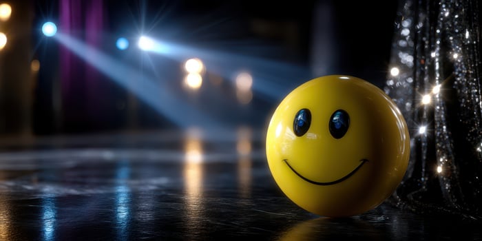 Bright yellow smiley face ball on stage with dramatic lighting during a performance at a vibrant venue photo