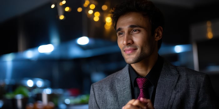 Man in a suit smiles warmly while standing in a modern kitchen during an evening gathering photo
