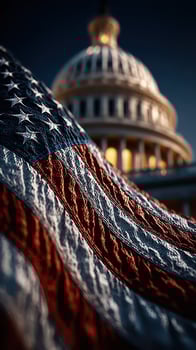American flag waving in front of the Capitol building at sunset with a warm glow illuminating the dome and columns photo