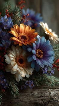 Vibrant arrangement of colorful flowers including daisies and wildflowers set against a rustic wooden backdrop photo