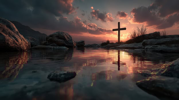 Sunset casts reflection of cross near serene waters surrounded by rocky landscape in peaceful evening photo