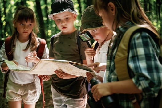 Looking at the, map. Kids in forest at ,summer daytime together photo